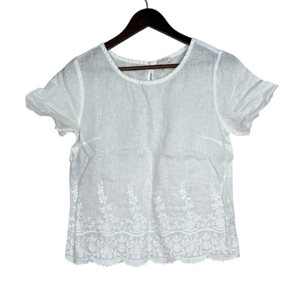 J. Crew Lightweight Linen Embroidery Scalloped Hem and Short Sleeve Top 2 White